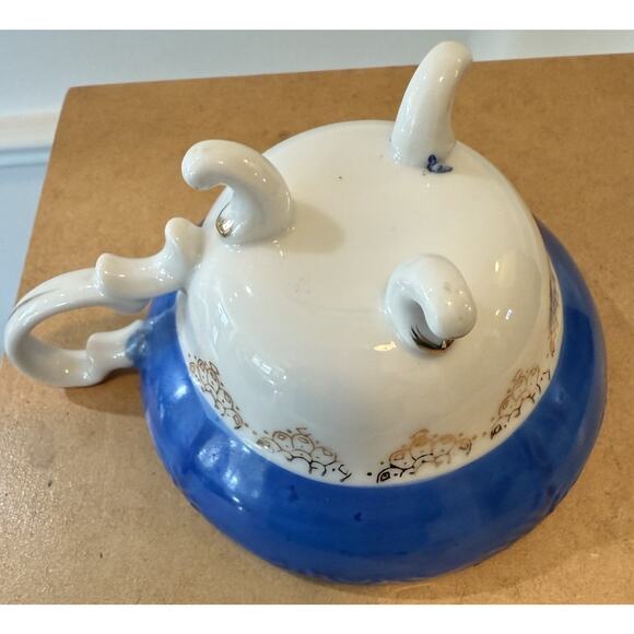 Porcelain Footed Tea Cup & Saucer Pink Orchid Flowers Cobalt Blue Gold - Picture 6 of 6